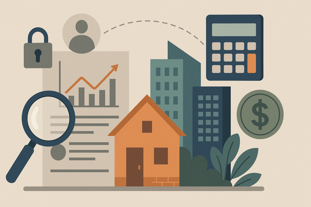 Ilustración conceptual del mercado inmobiliario con gráficos financieros, lupa, casa, edificios, íconos de privacidad y dólar, representando los cambios fiscales de ARCA 2025.
